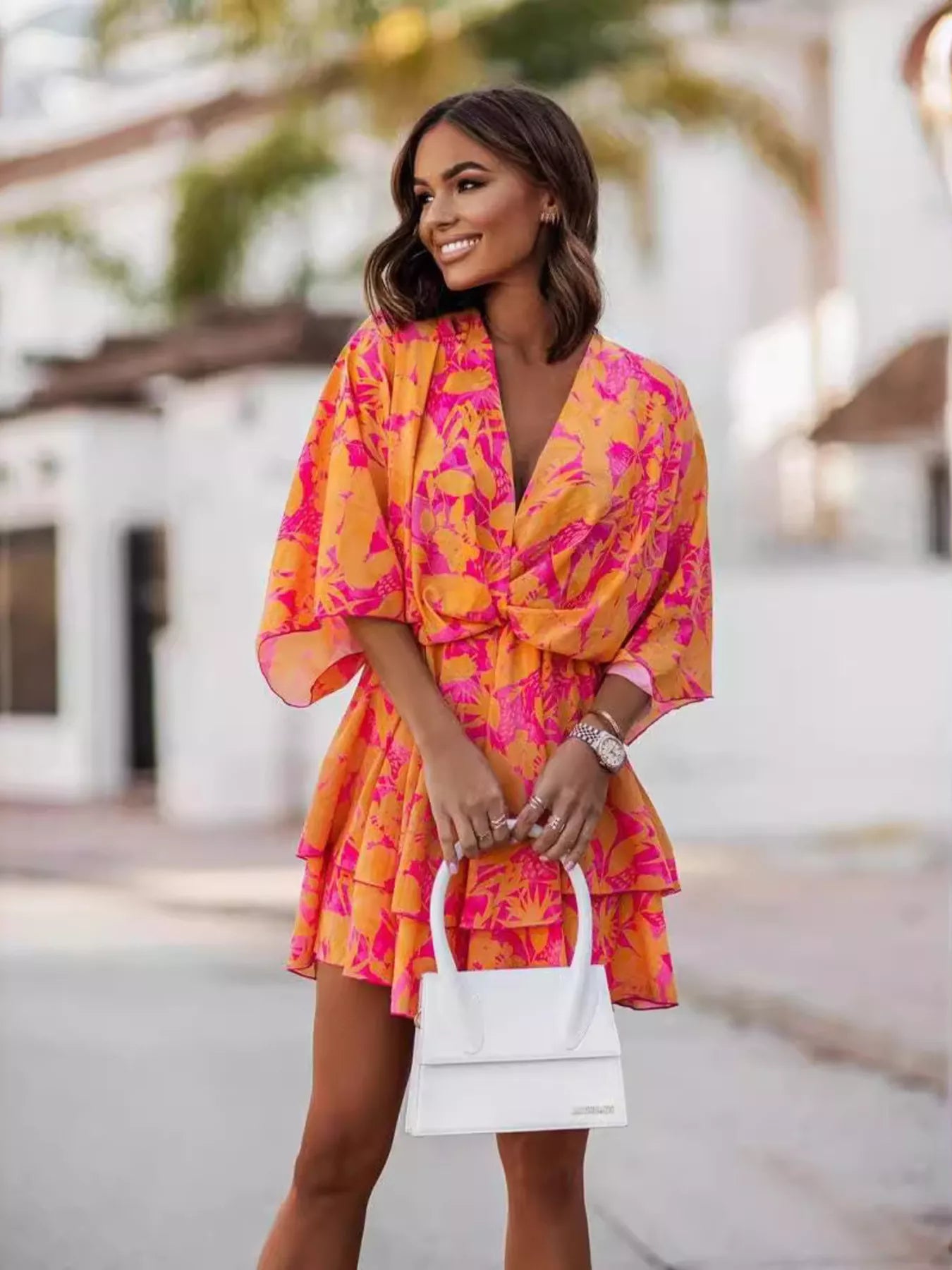 mini surplice dress Surplice Ruched Cutout Long Sleeve Mini Dress Hot Pink / L