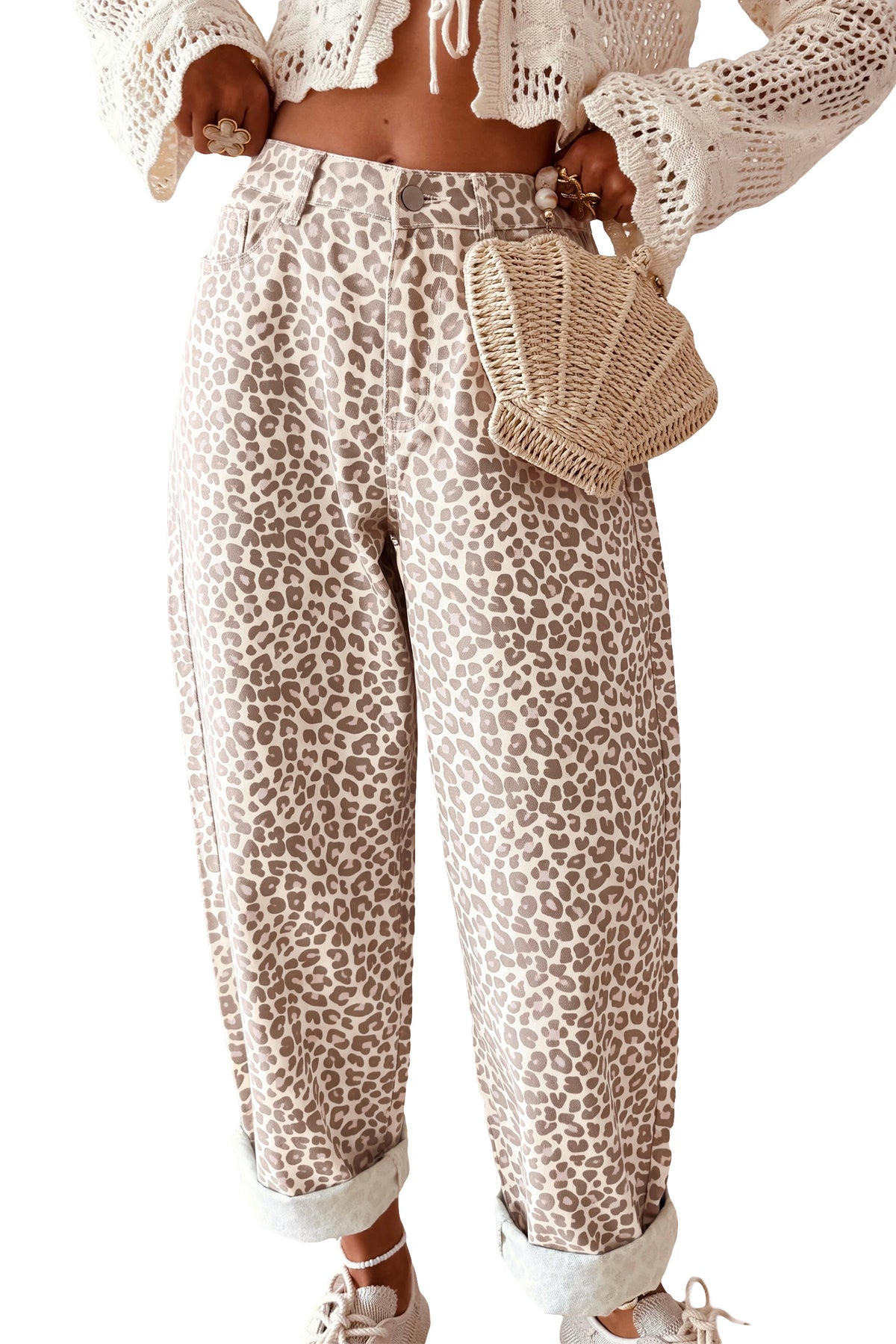 Gray Leopard Print High Rise Relaxed Casual Jeans