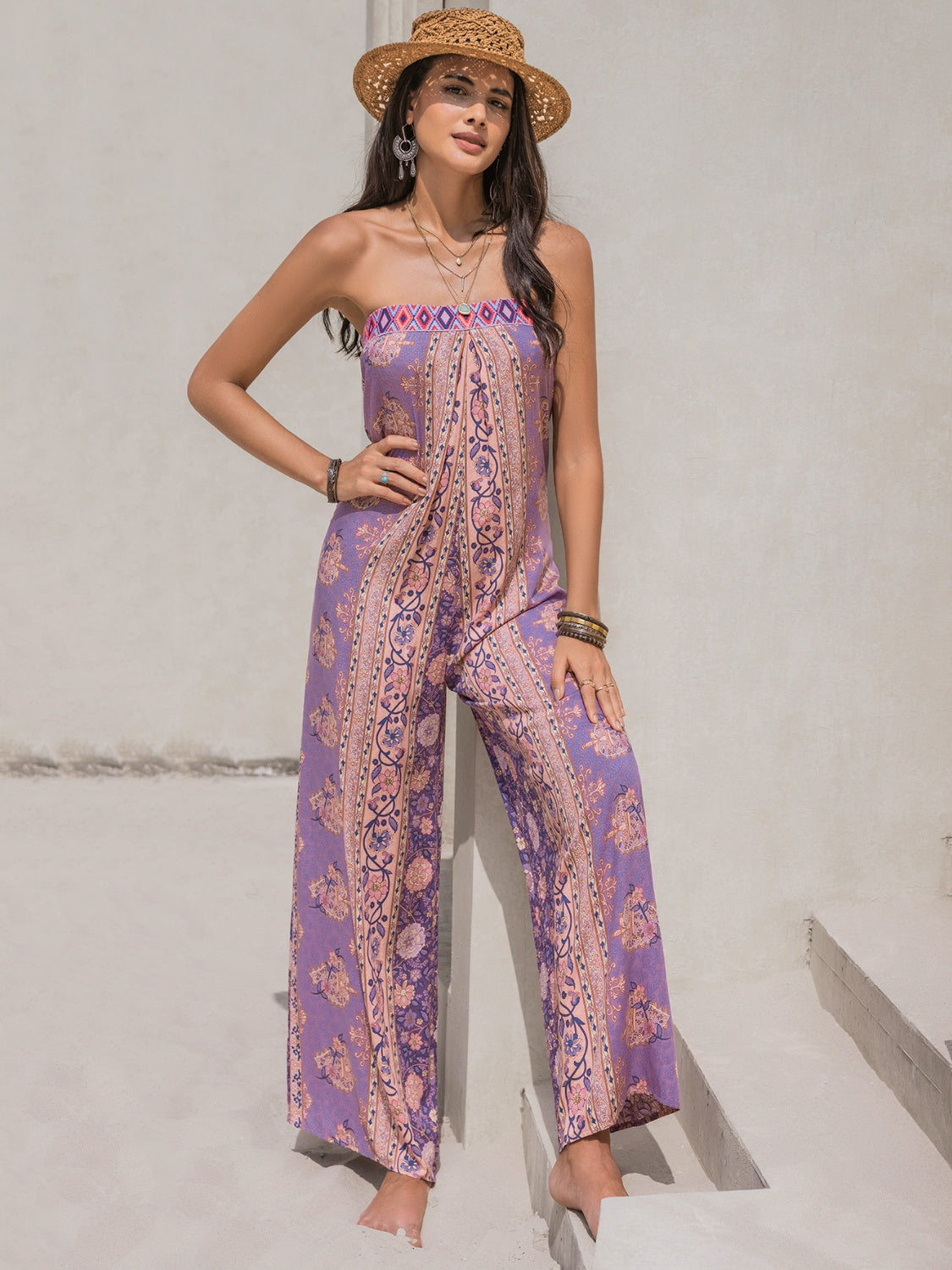 Blue Zone Planet |  Tied Printed Tube Wide Leg Jumpsuit BLUE ZONE PLANET
