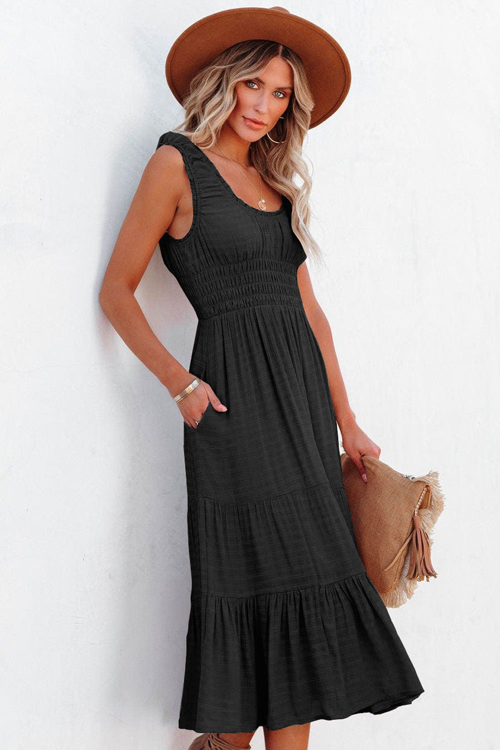 Brown U-Neck Sleeveless Ruched Tiered Ruffled Midi Dress Blue Zone Planet