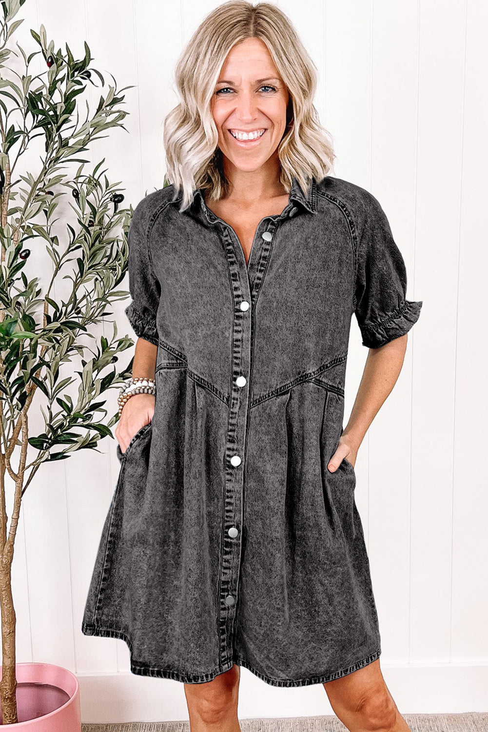 Medium Grey Mineral Wash Ruffled Short Sleeve Buttoned Denim Dress Blue Zone Planet