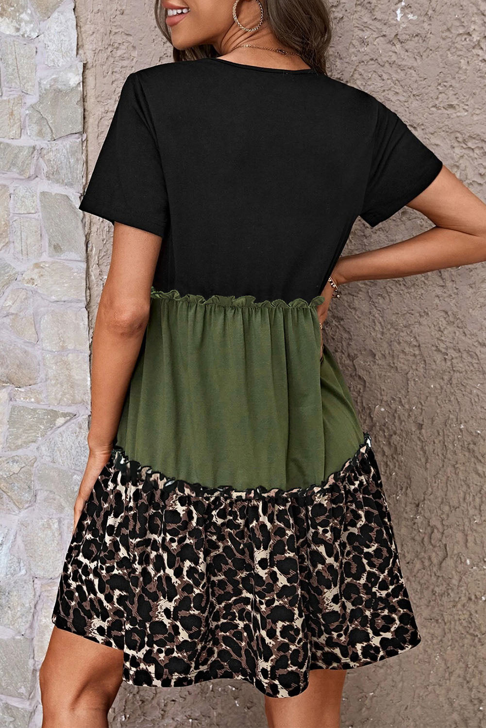 Blue Zone Planet | Light French Beige Leopard Print Colorblock Frill Trim T-shirt Dress Blue Zone Planet