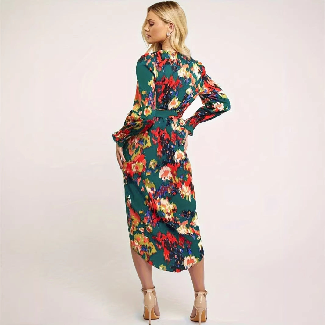 abstract print midi dress Laura's Elegant Round Neck Abstract Print Midi Dress – Blue Zone Planet