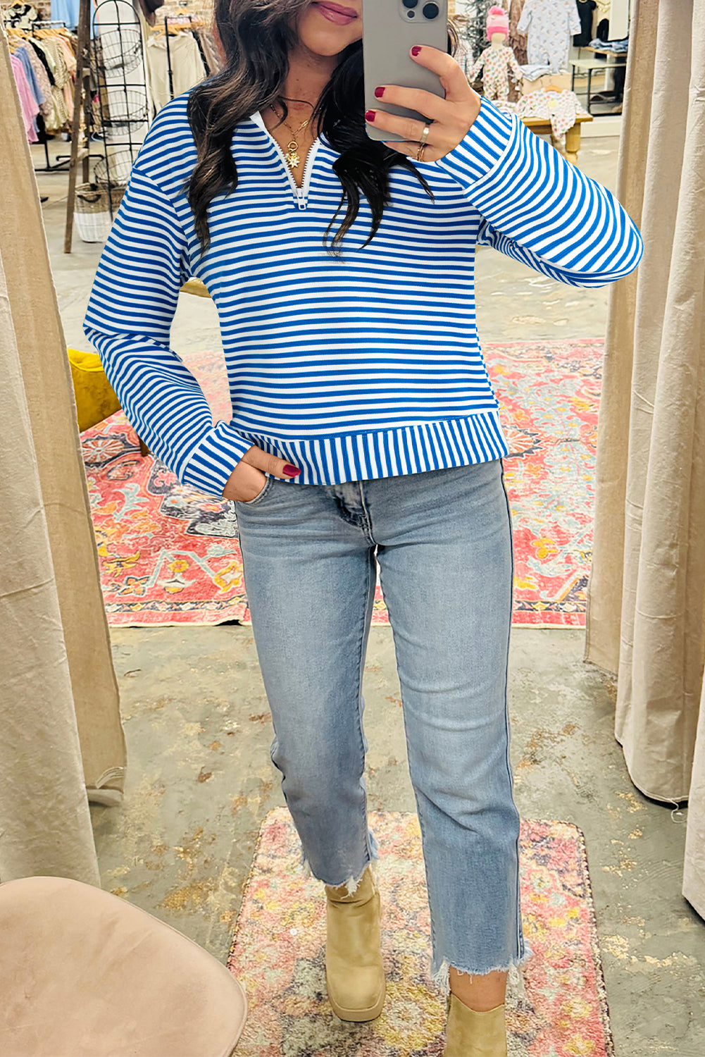 Green Stripe Quarter Zip Collar Pullover Long Sleeve Top