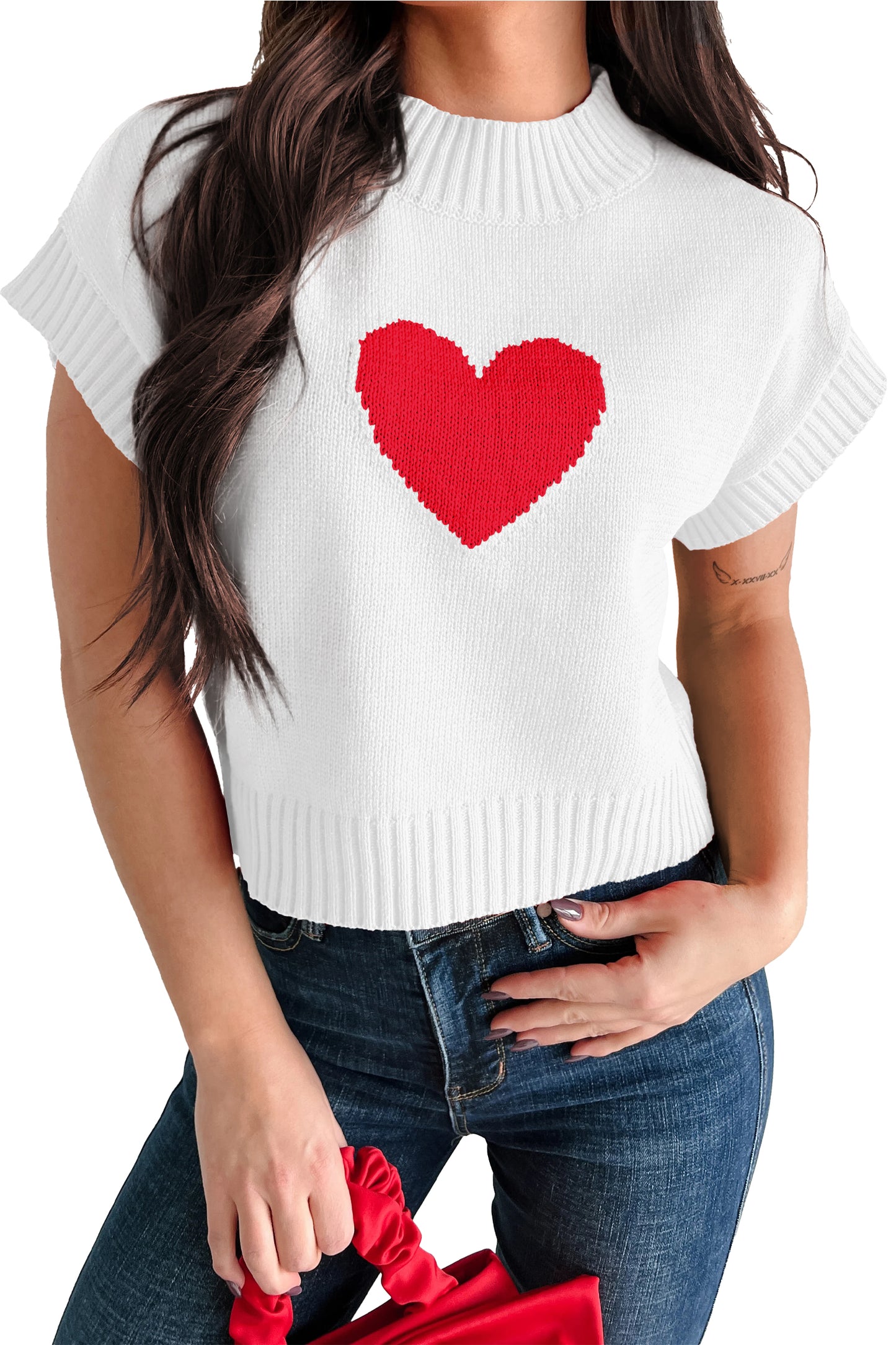 White Valentine Heart Graphic Cropped Short Sleeve Sweater