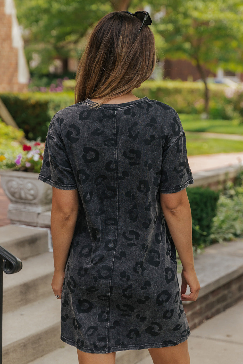 Blue Zone Planet | Gray Vintage Washed Leopard T-Shirt Dress with Pockets Blue Zone Planet
