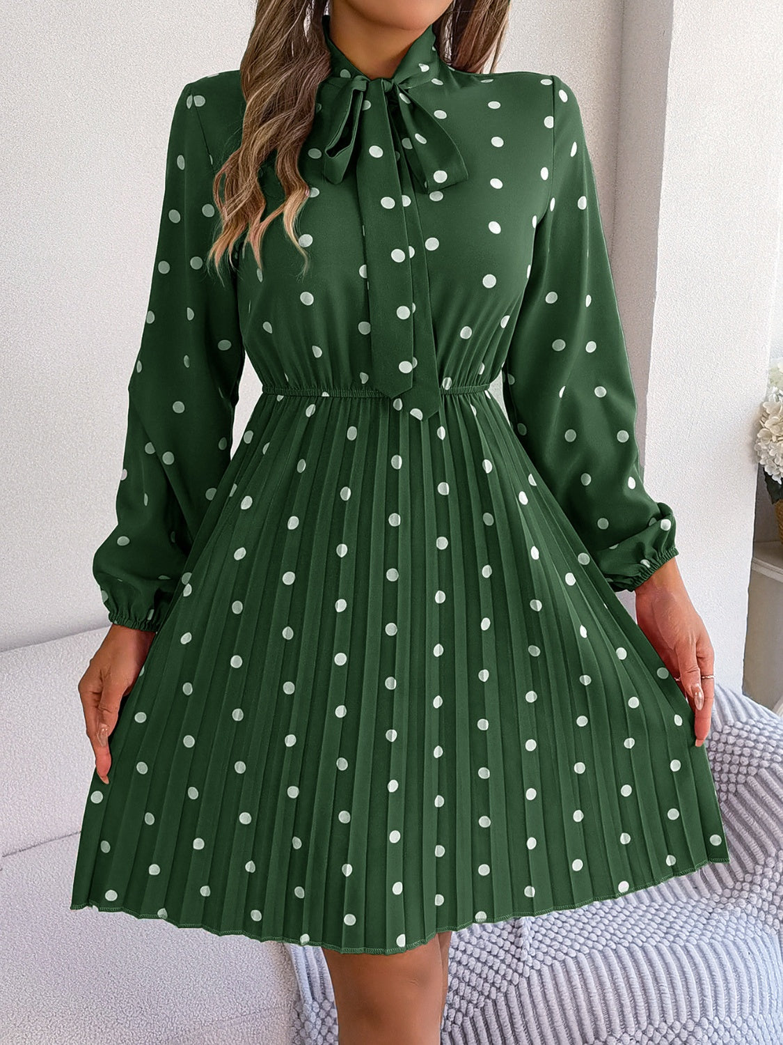 Polka Dot Tie Neck Pleated Dress BLUE ZONE PLANET