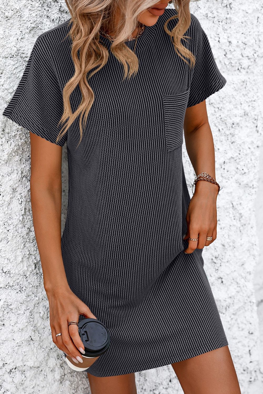 Ribbed Striped Short Sleeve Mini Tee Dress BLUE ZONE PLANET
