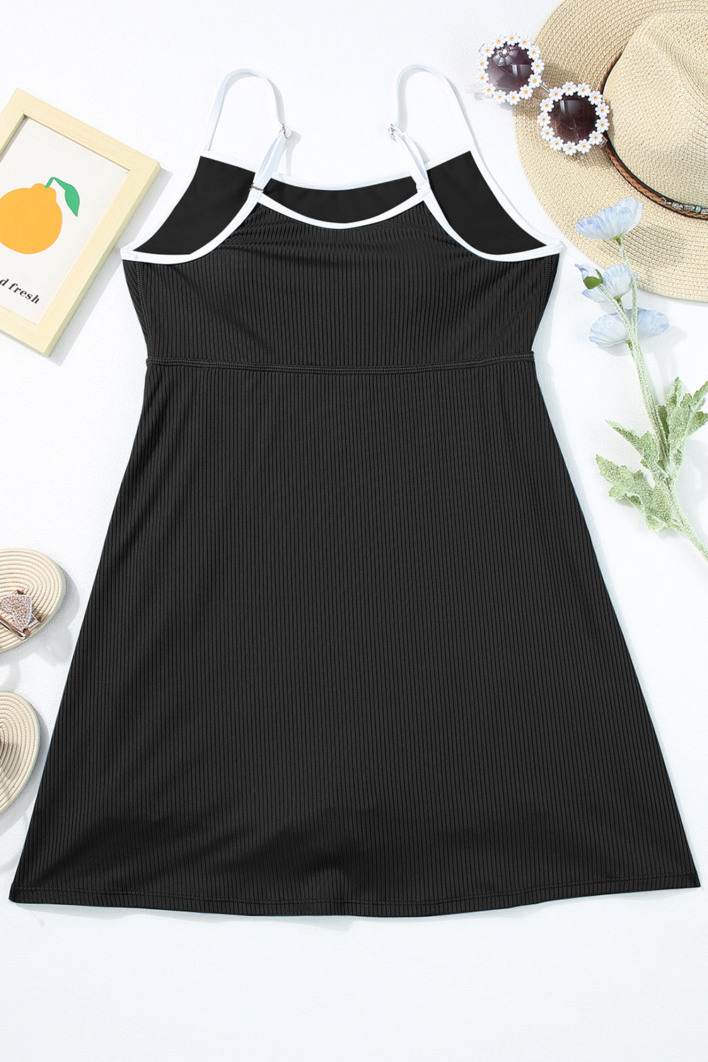 Blue Zone Planet | Black Sporty Ribbed Spaghetti Straps One Piece Swimdress Blue Zone Planet