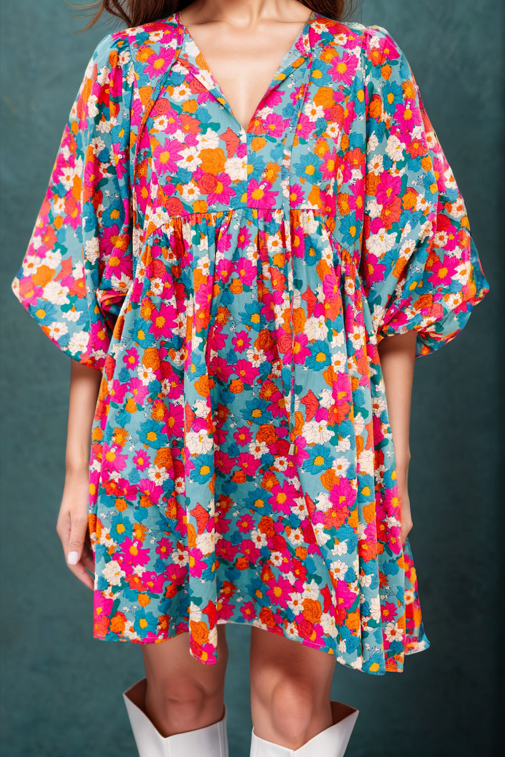 Floral Tie Neck Puff Sleeve Mini Dress BLUE ZONE PLANET