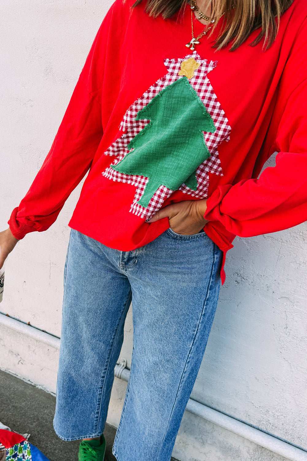 Fiery Red Plaid Frayed Double Christmas Tree Patched Drop Shoulder Sweatshirt