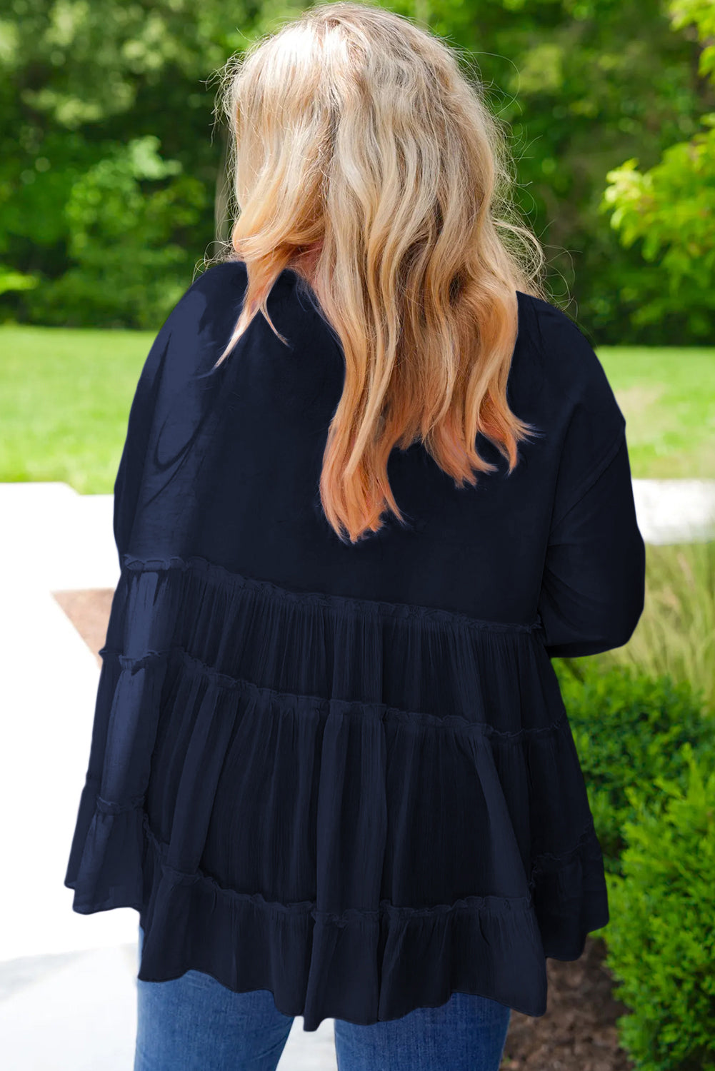 Navy Blue Tiered Ruffle Ribbed Crew Neck Pullover Plus Size Top