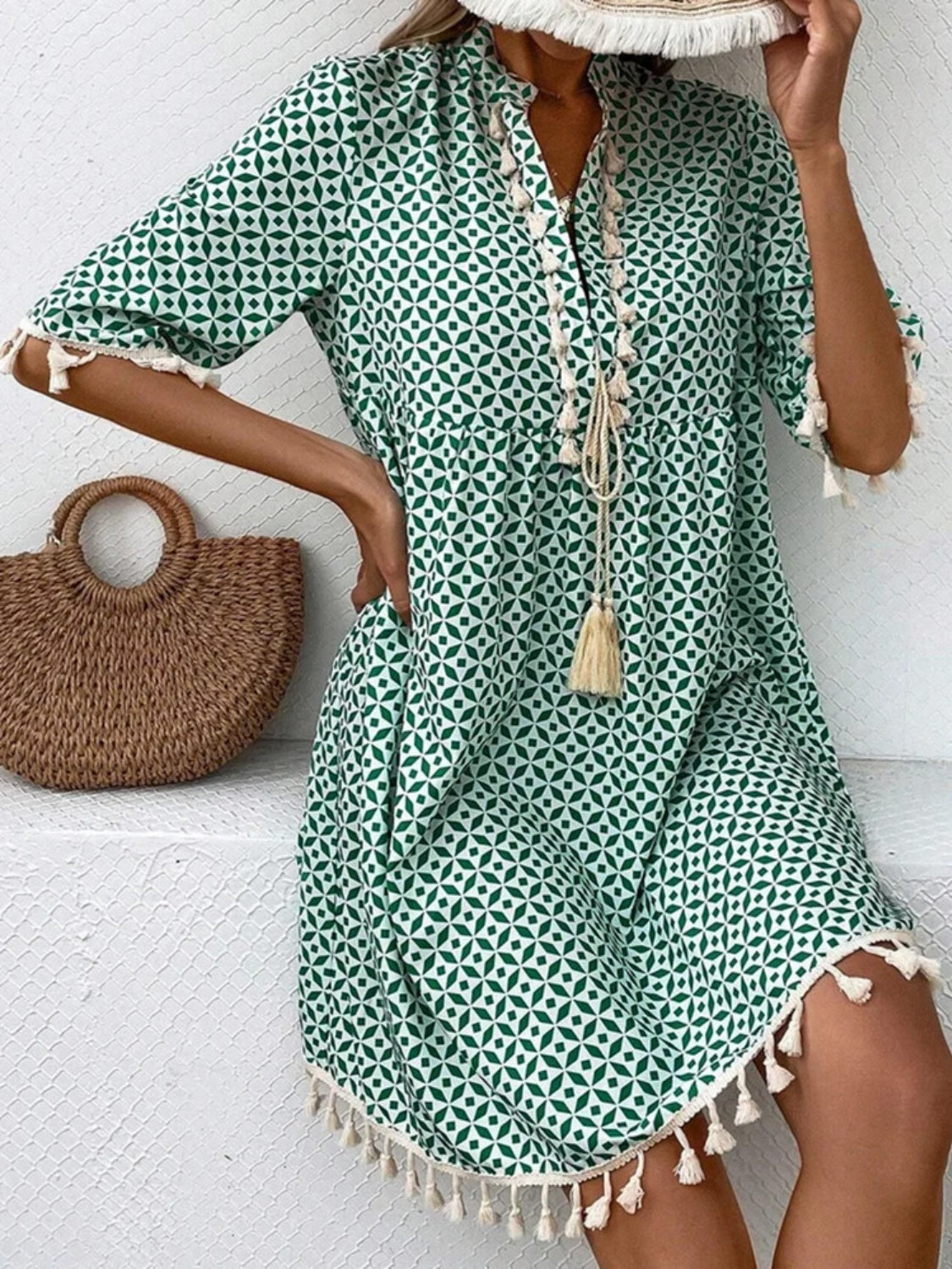 Blue Zone Planet | Tassel Printed Notched Half Sleeve Mini Dress BLUE ZONE PLANET