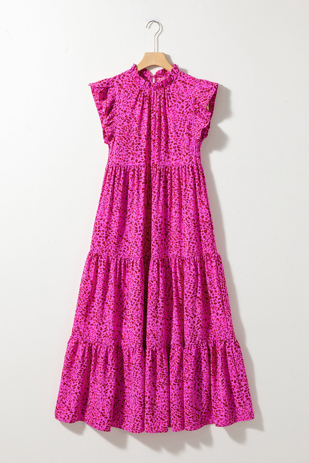 Blue Zone Planet | Rose Red Leopard Print Ruffled Trim Tiered Maxi Dress Blue Zone Planet