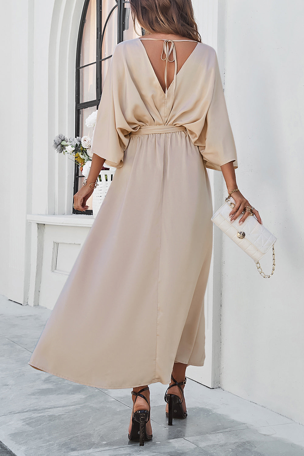 Slit Tied V-Neck Three-Quarter Sleeve Dress BLUE ZONE PLANET