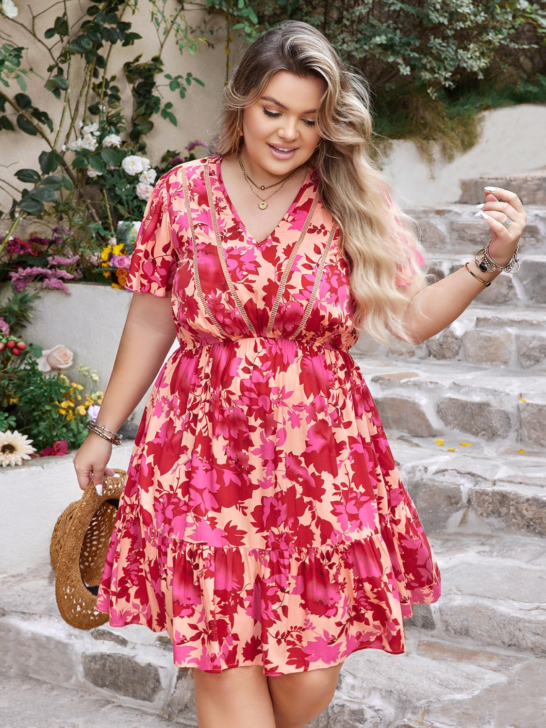 Blue Zone Planet | Plus Size Printed V-Neck Flutter Sleeve Dress BLUE ZONE PLANET