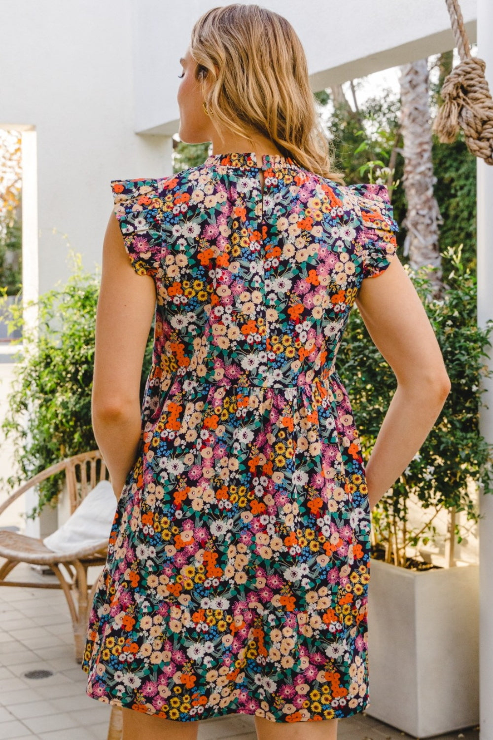 Blue Zone Planet | ODDI Full Size Floral Ruffled Cap Sleeve Mini Dress BLUE ZONE PLANET