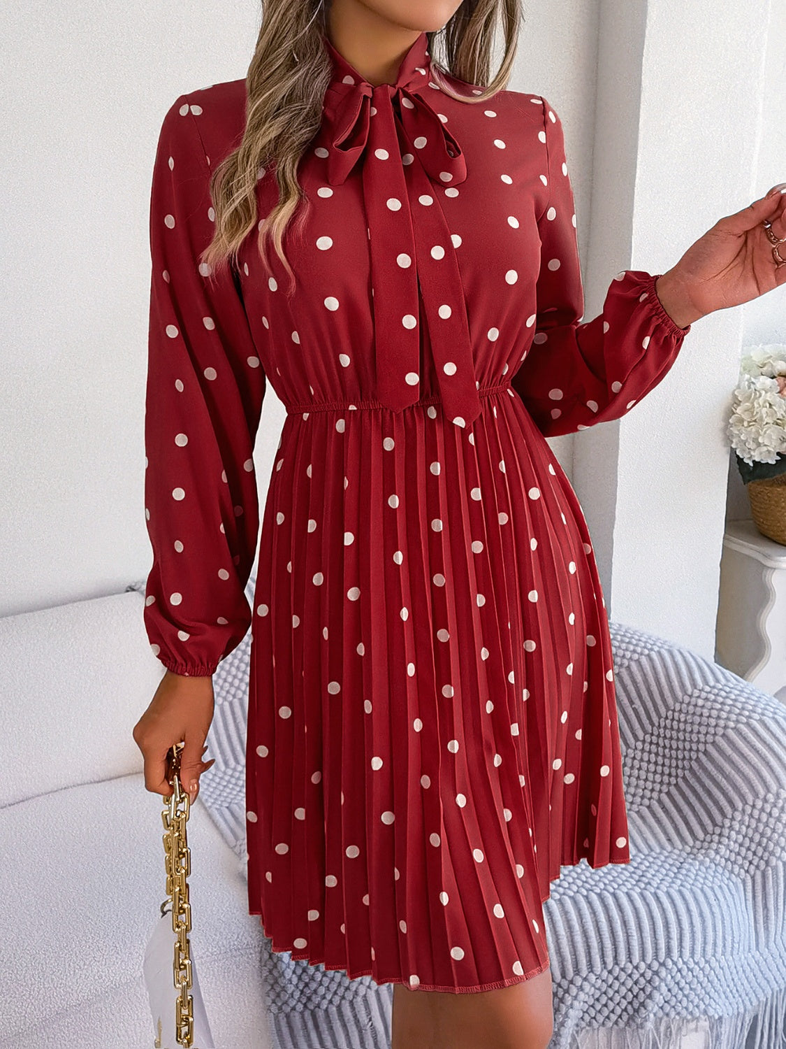 Polka Dot Tie Neck Pleated Dress BLUE ZONE PLANET