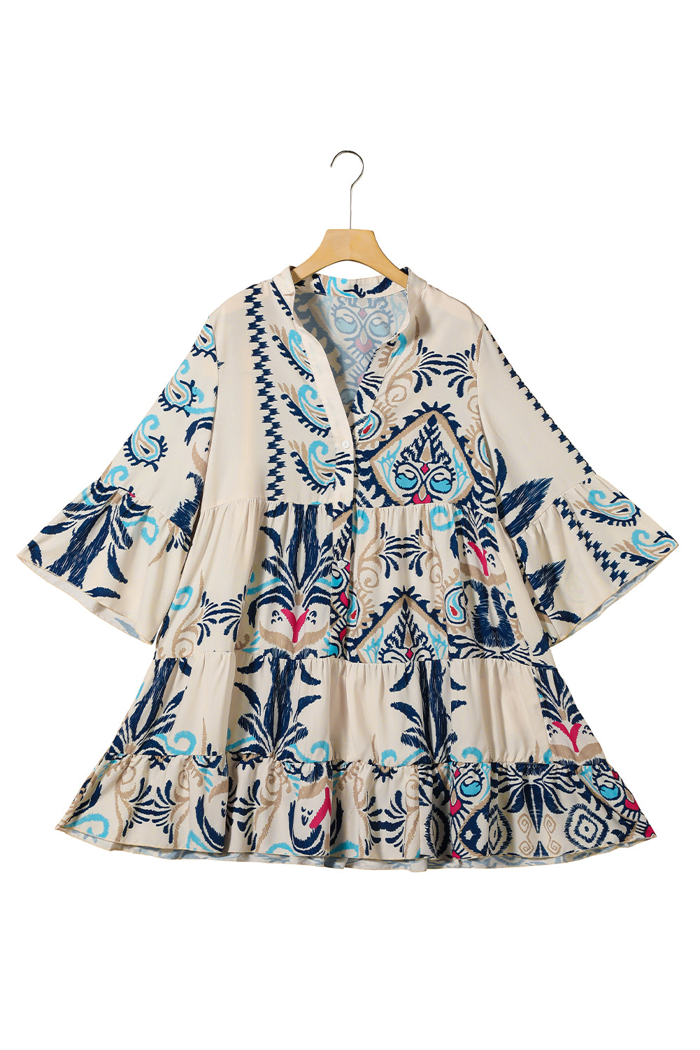 Blue Zone Planet | White Printed Tribal Print Bracelet Sleeve Buttoned Mini Dress Blue Zone Planet
