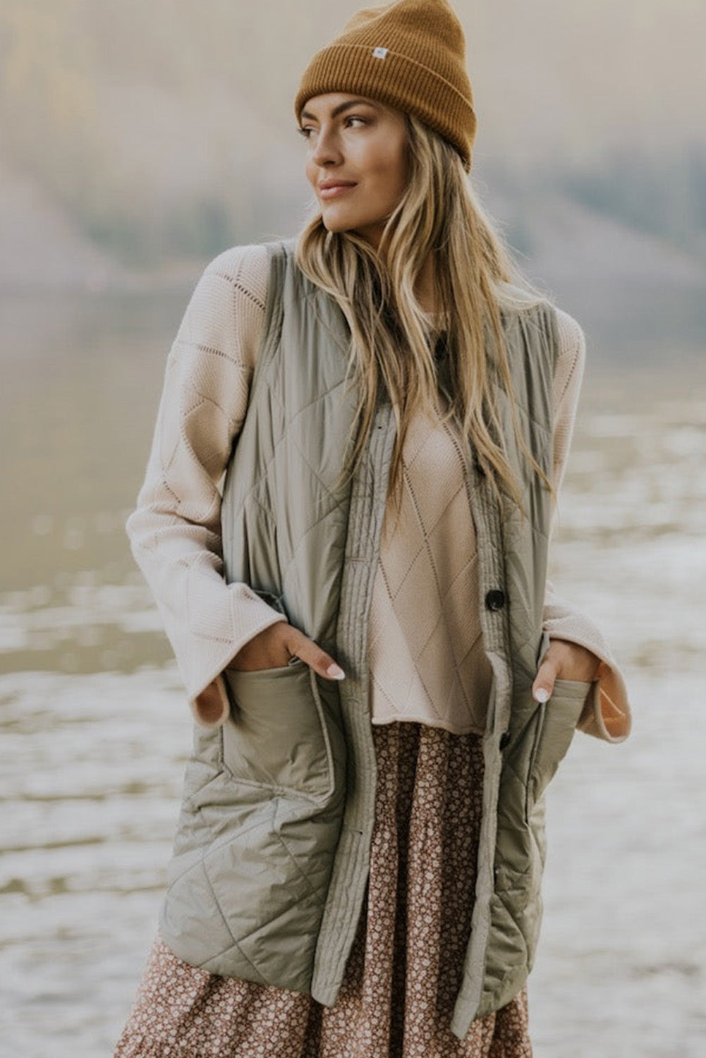 Blue Zone Planet | Grass Green Quilted Long Vest Jacket with Pockets Blue Zone Planet
