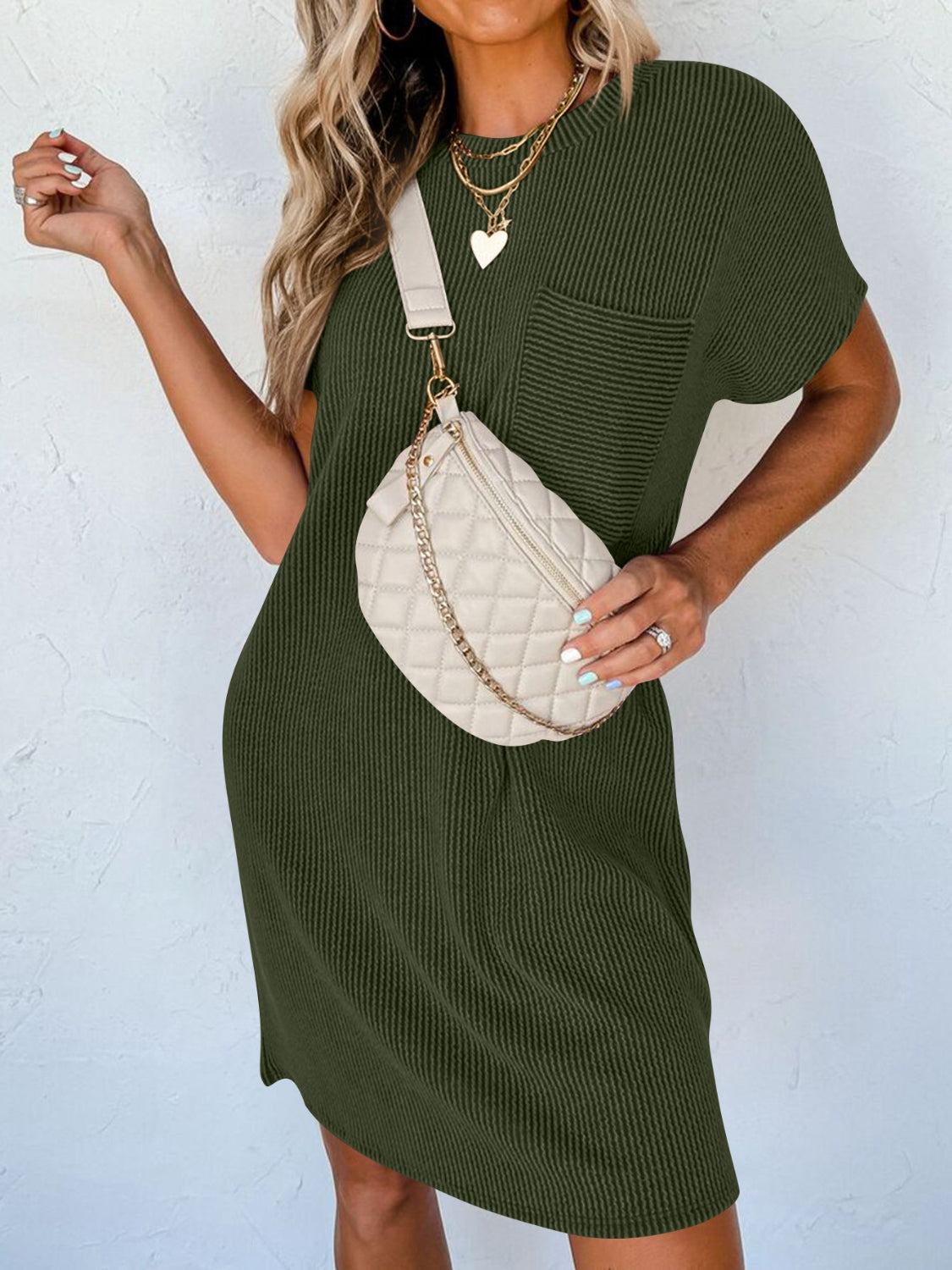 Round Neck Short Sleeve Mini Dress BLUE ZONE PLANET