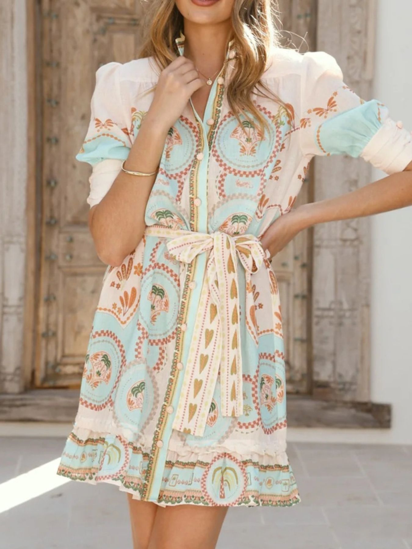 long sleeve tie waist mini dress Printed Tie Waist Mini Dress – Blue Zone Planet