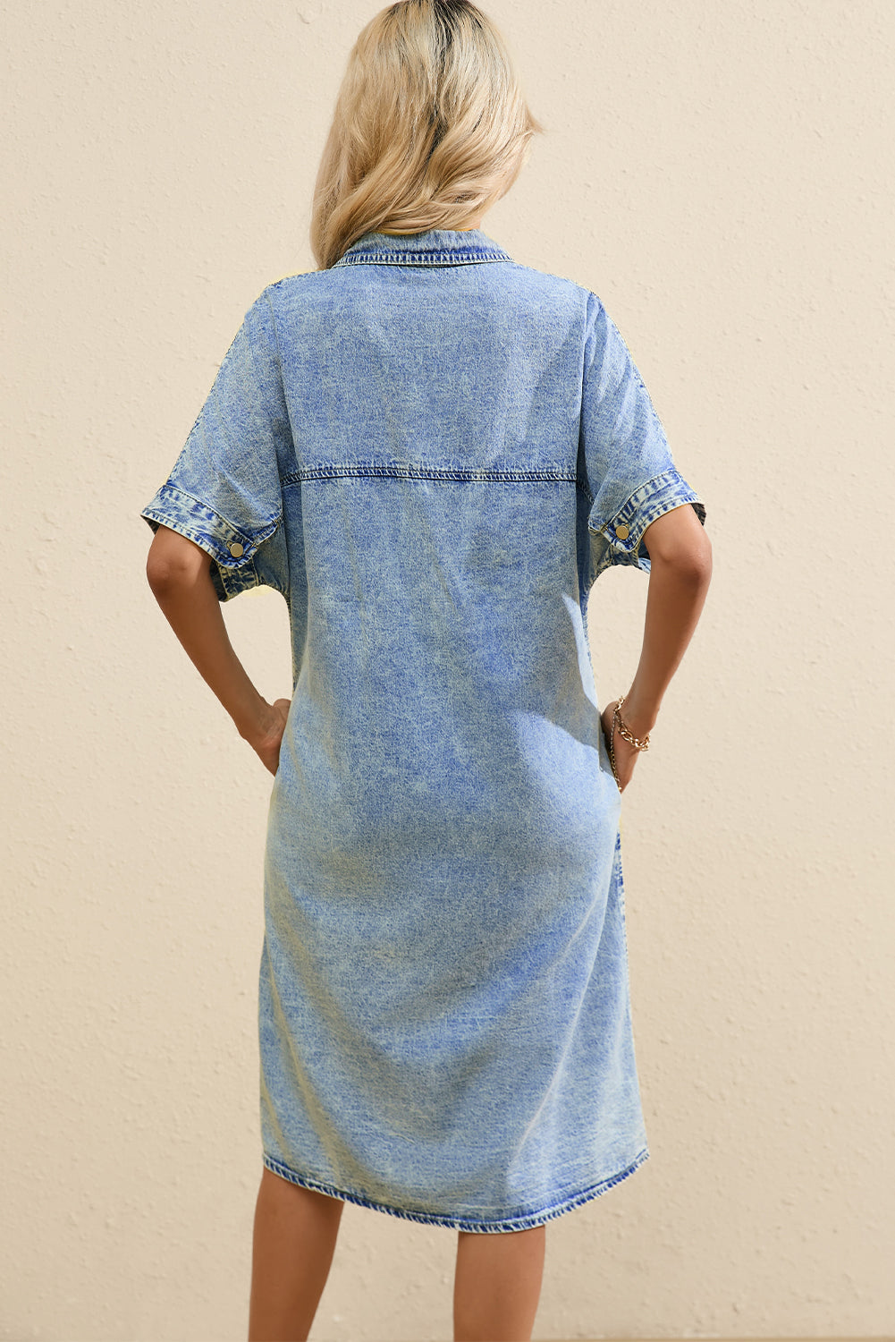 Light Blue Loose Medium Wash Short Sleeve Shirt Chambray Dress Blue Zone Planet