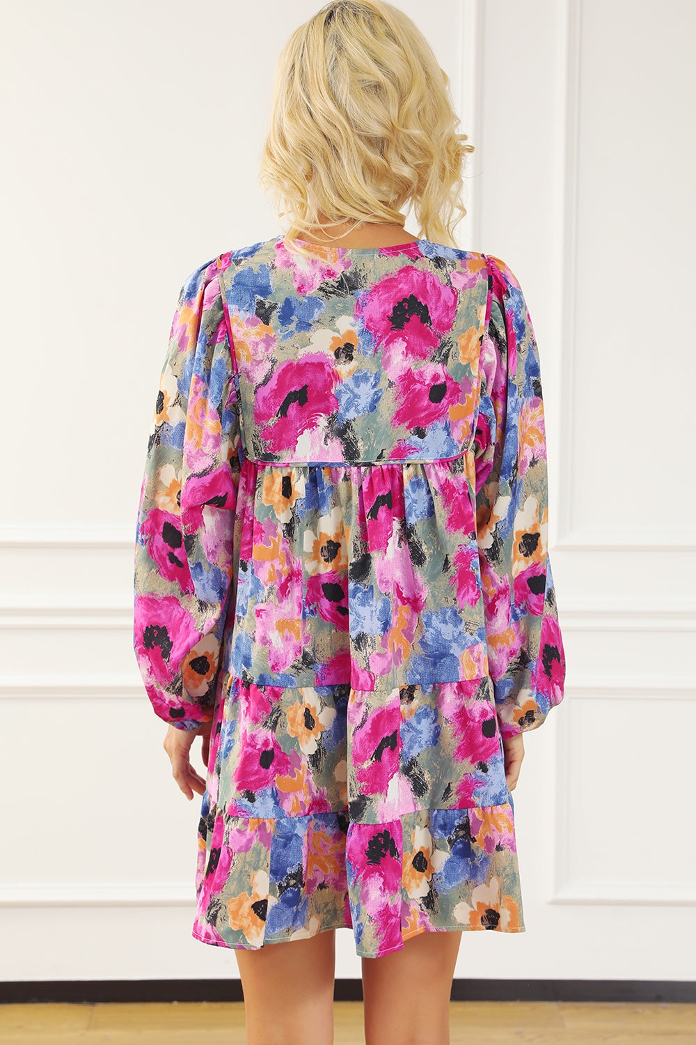 Blue Zone Planet | Printed Tie Neck Long Sleeve Mini Dress BLUE ZONE PLANET