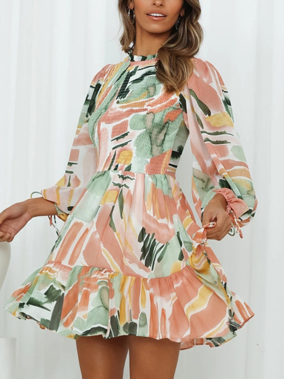 Blue Zone Planet | Printed Mock Neck Balloon Sleeve Mini Dress BLUE ZONE PLANET