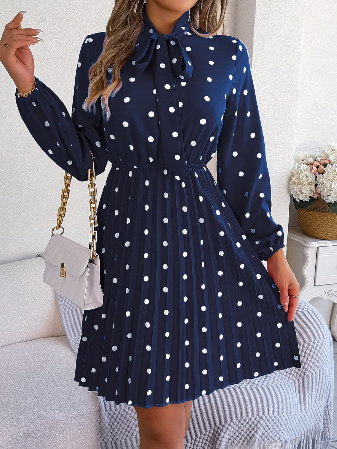 Polka Dot Tie Neck Pleated Dress BLUE ZONE PLANET