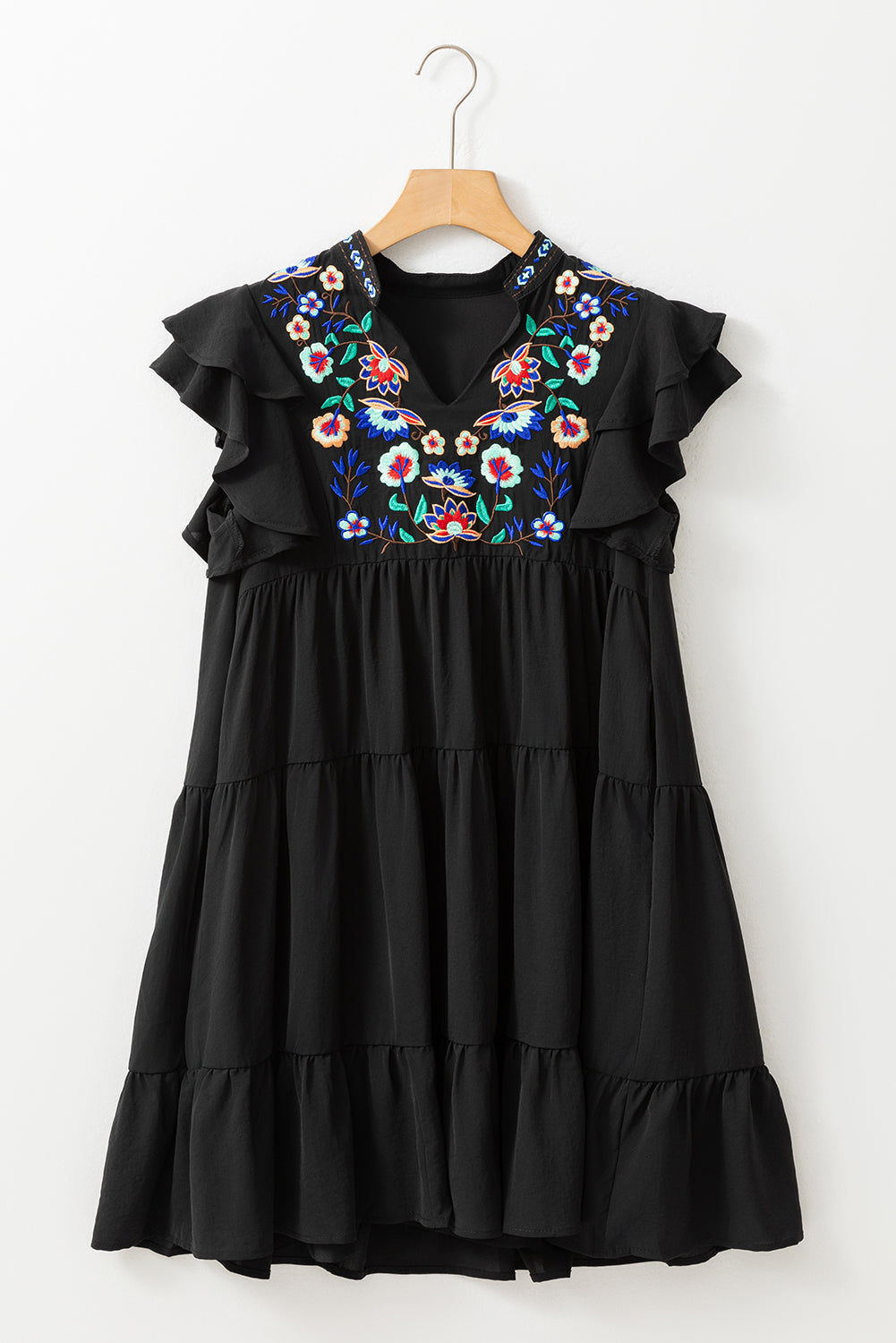 Blue Zone Planet | Black Floral Embroidered Tiered Ruffled Mini Dress Blue Zone Planet
