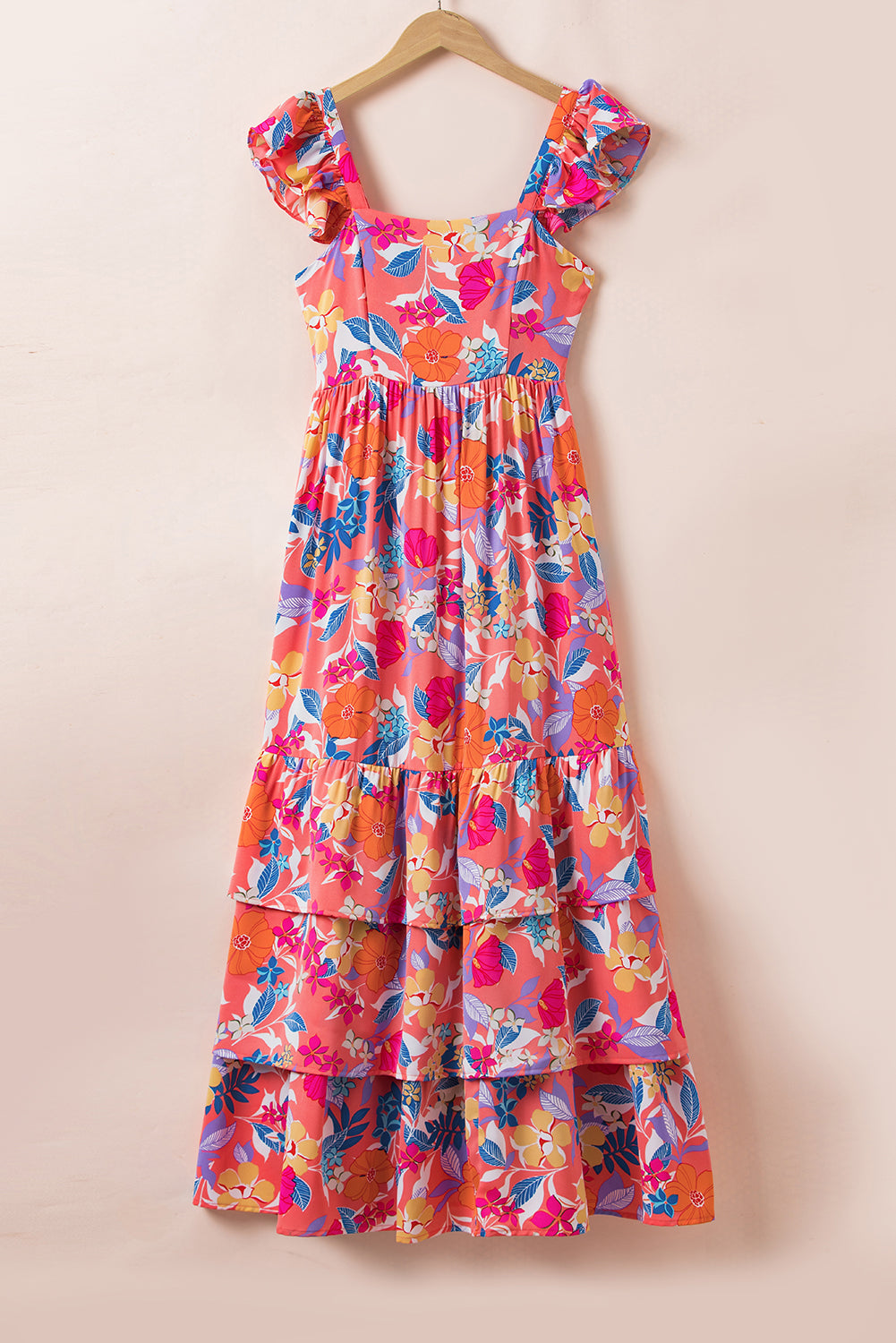 Pink Floral Print Sleeveless Ruffle Tiered Maxi Dress Blue Zone Planet