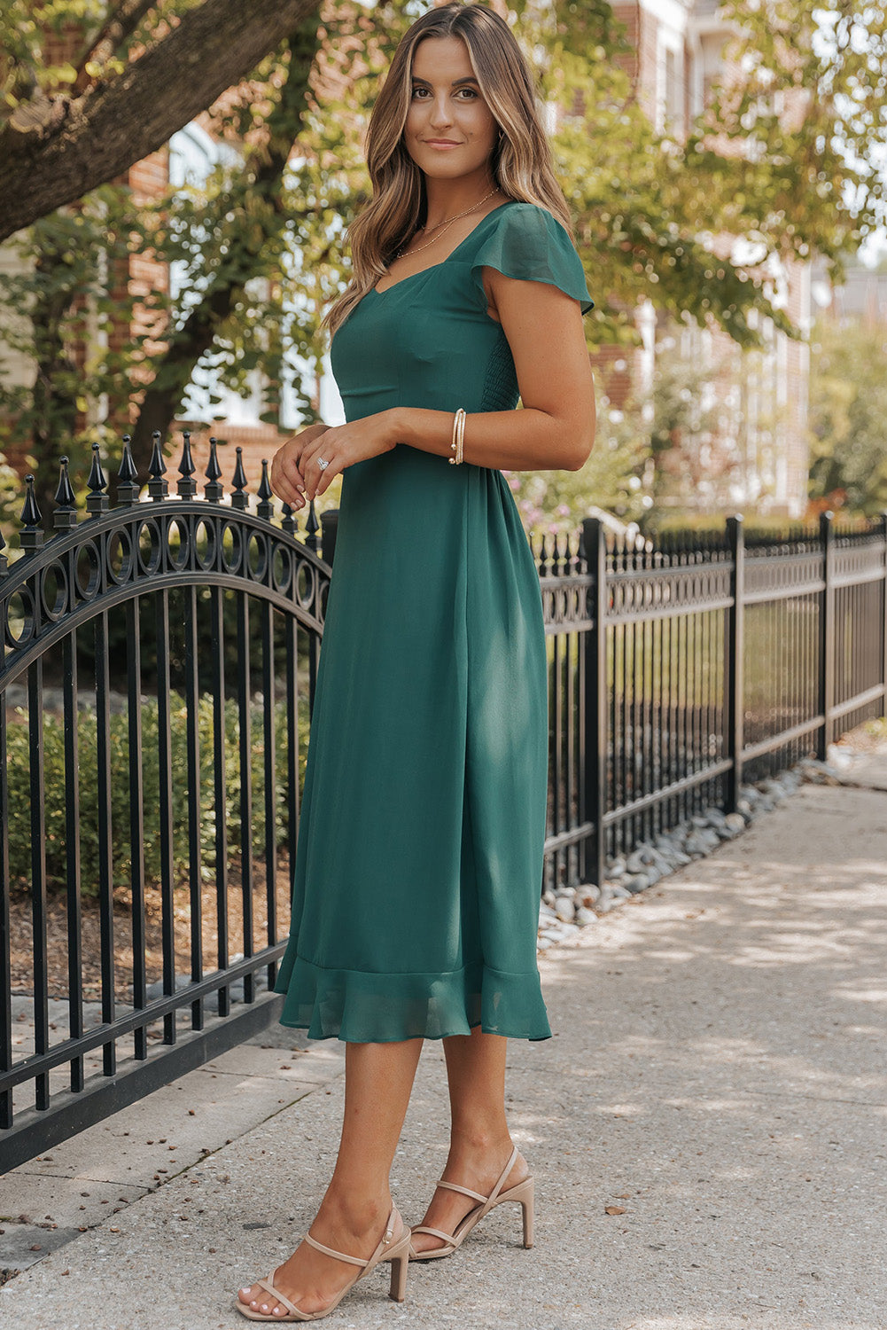 Sea Green Shirred Open Back Sweetheart Neck Ruffled Midi Dress Blue Zone Planet