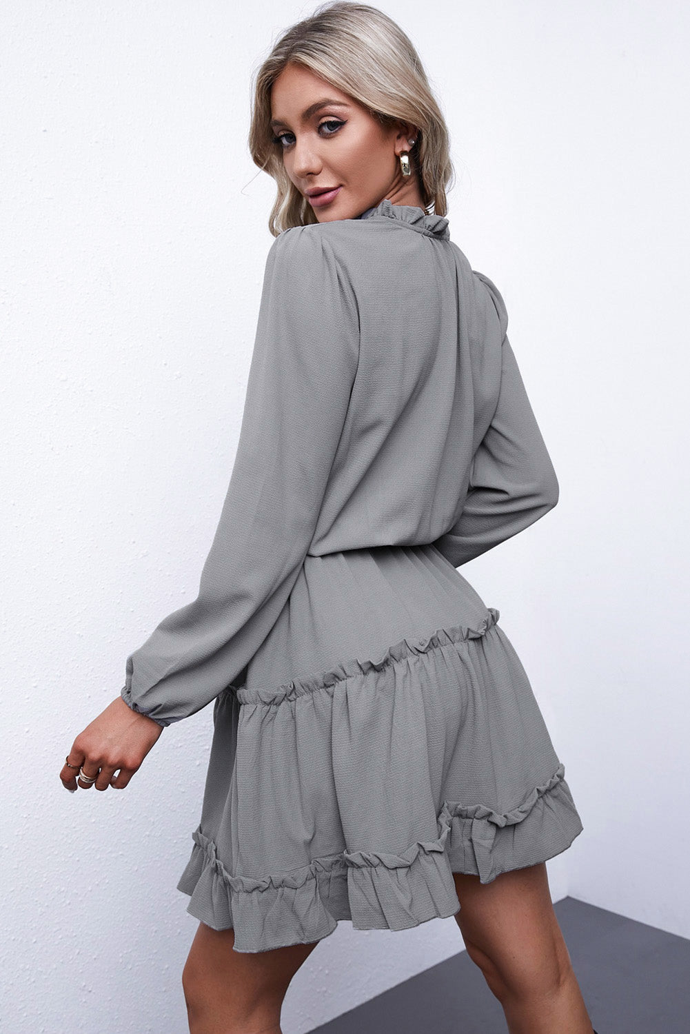 Blue Zone Planet | Janet's Frill Tie Neck Balloon Sleeve Mini Dress BLUE ZONE PLANET