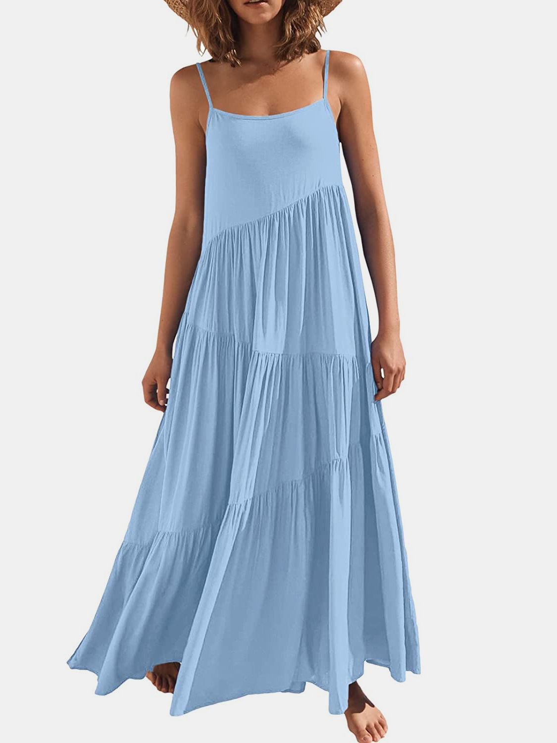 Blue Zone Planet | Full Size Ruched Tiered Spaghetti Strap Dress BLUE ZONE PLANET