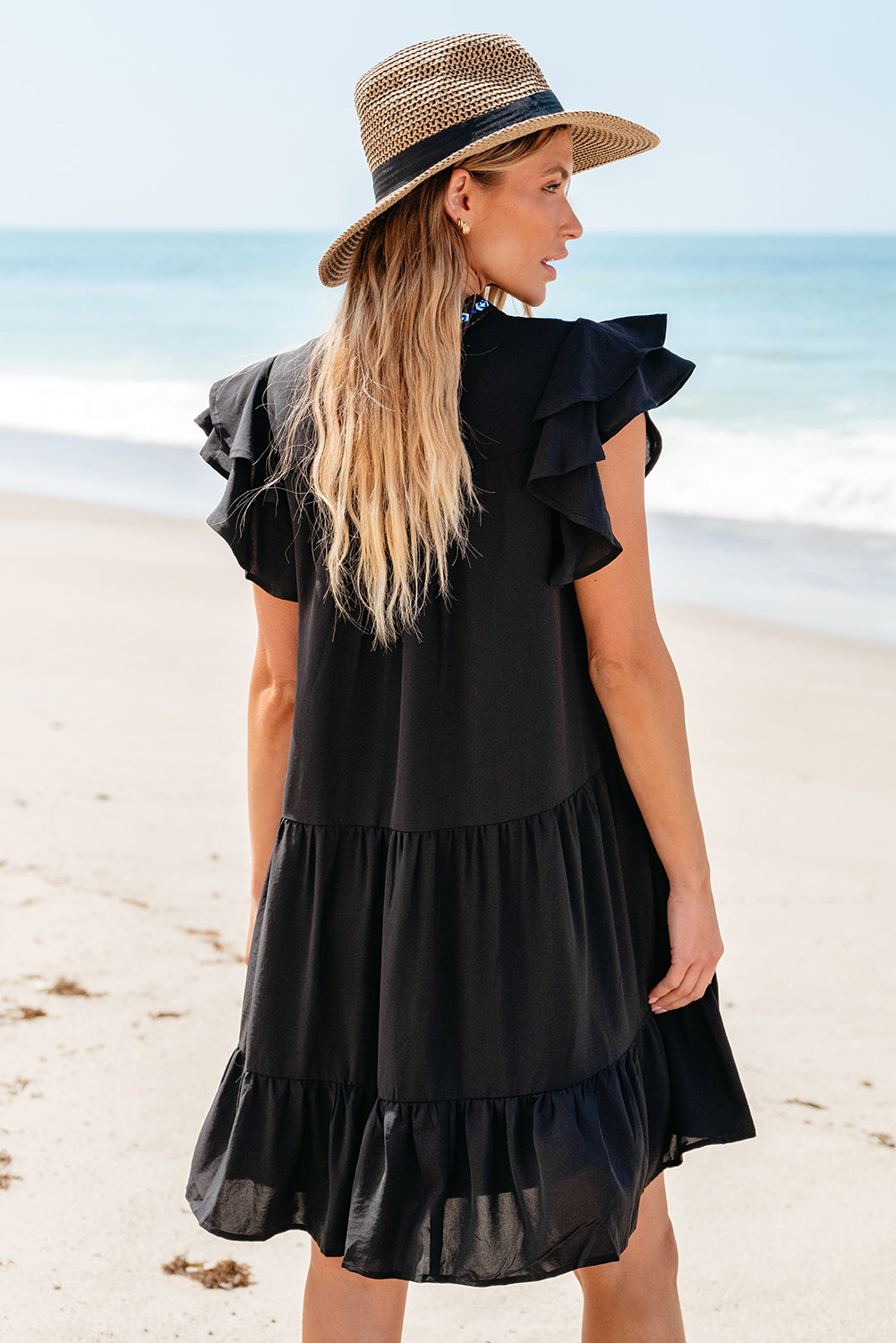 Black Floral Embroidered Tiered Ruffled Mini Dress Blue Zone Planet