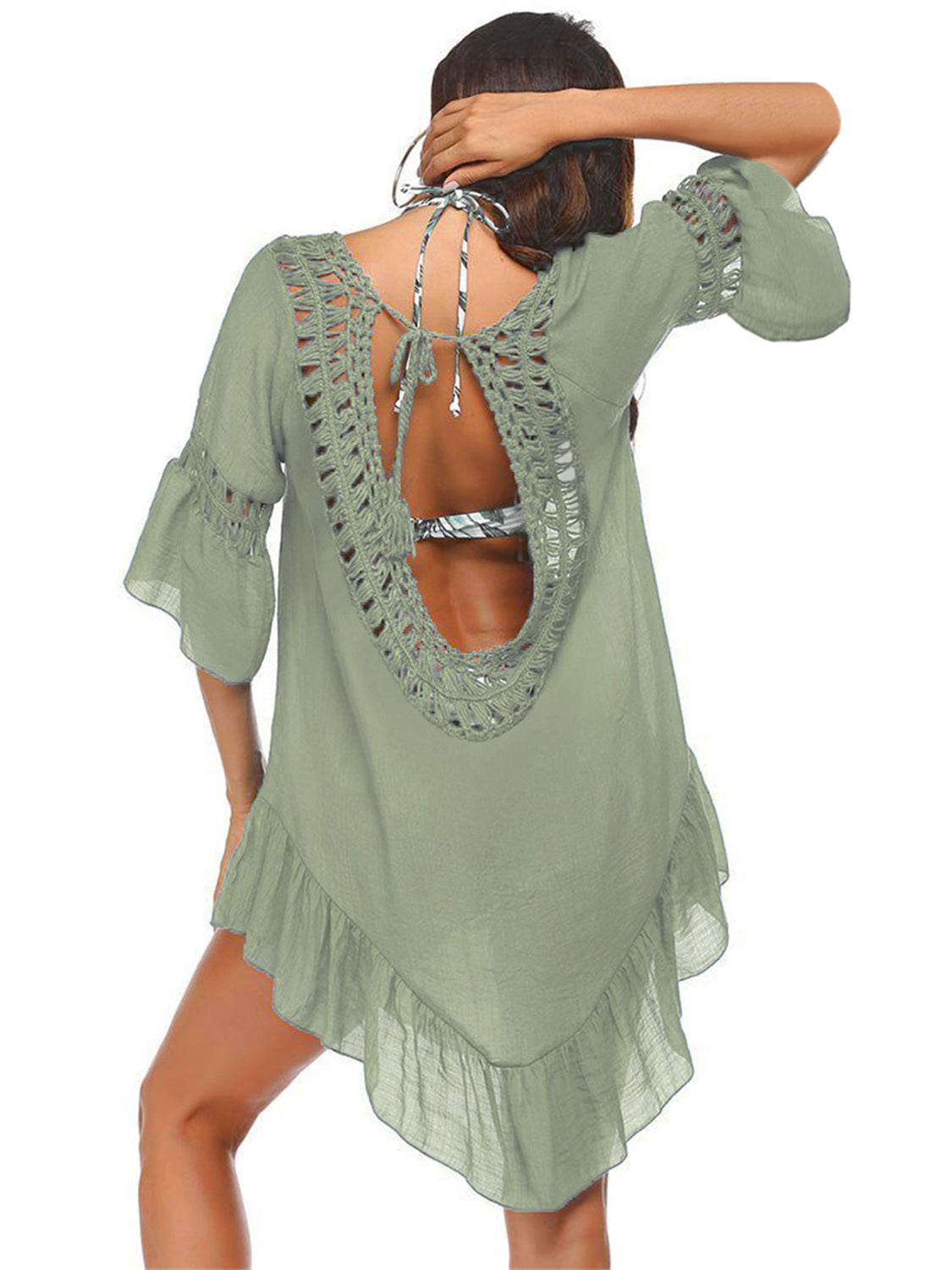 Blue Zone Planet |  Linda's Bohemian Backless Cutout Three-Quarter Sleeve Cover-Up BLUE ZONE PLANET