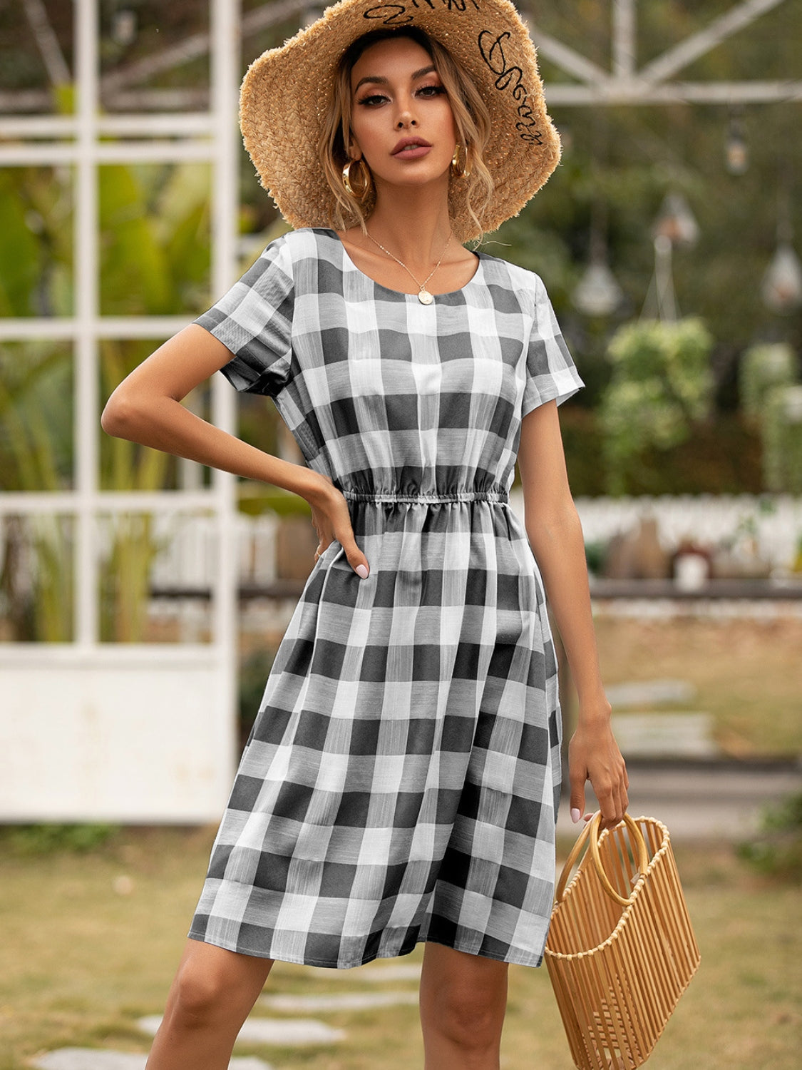 Blue Zone Planet | Smocked Plaid Round Neck Short Sleeve Dress BLUE ZONE PLANET