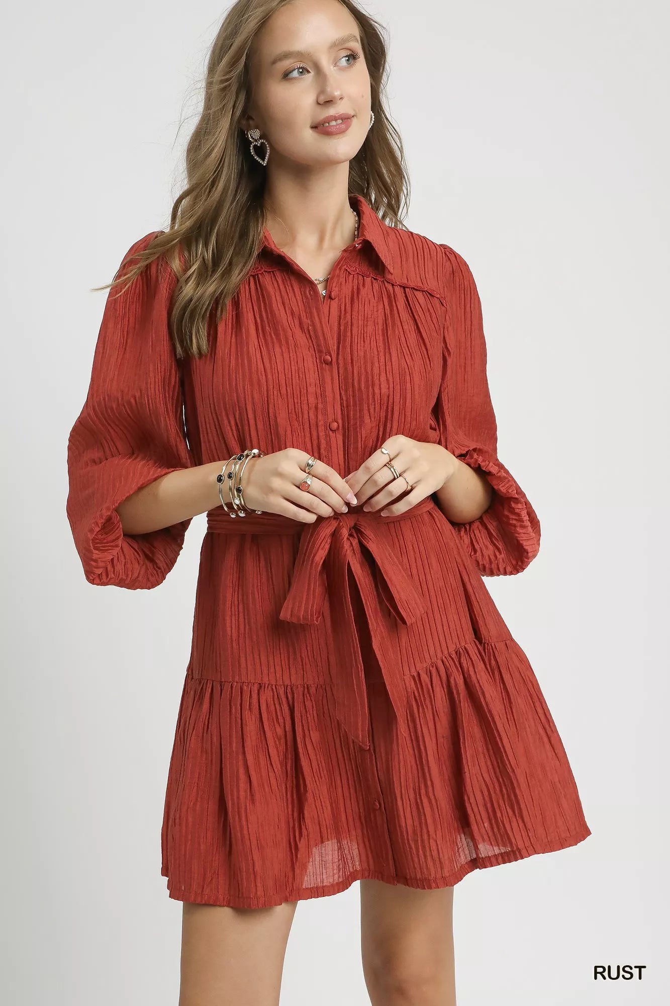 Umgee Crinkle Button-Front Tiered Mini Dress with Waist Tie Rust / L
