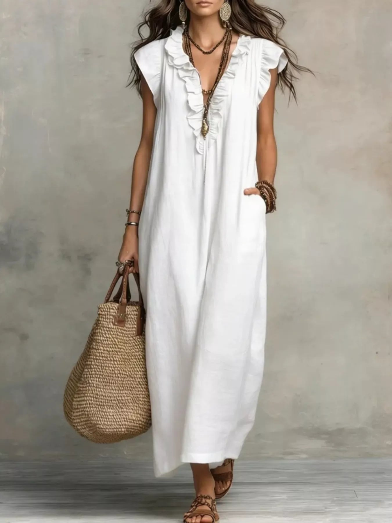 Ruffled V-Neck Maxi Dress – Blue Zone Planet