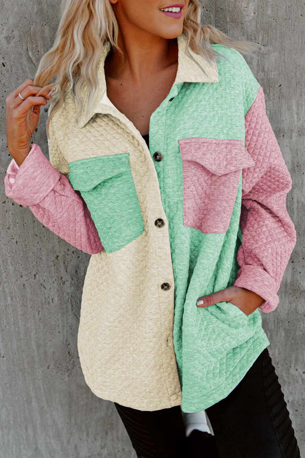 Blue Zone Planet | Green Color Block Patchwork Flap Pocket Quilted Shacket Blue Zone Planet