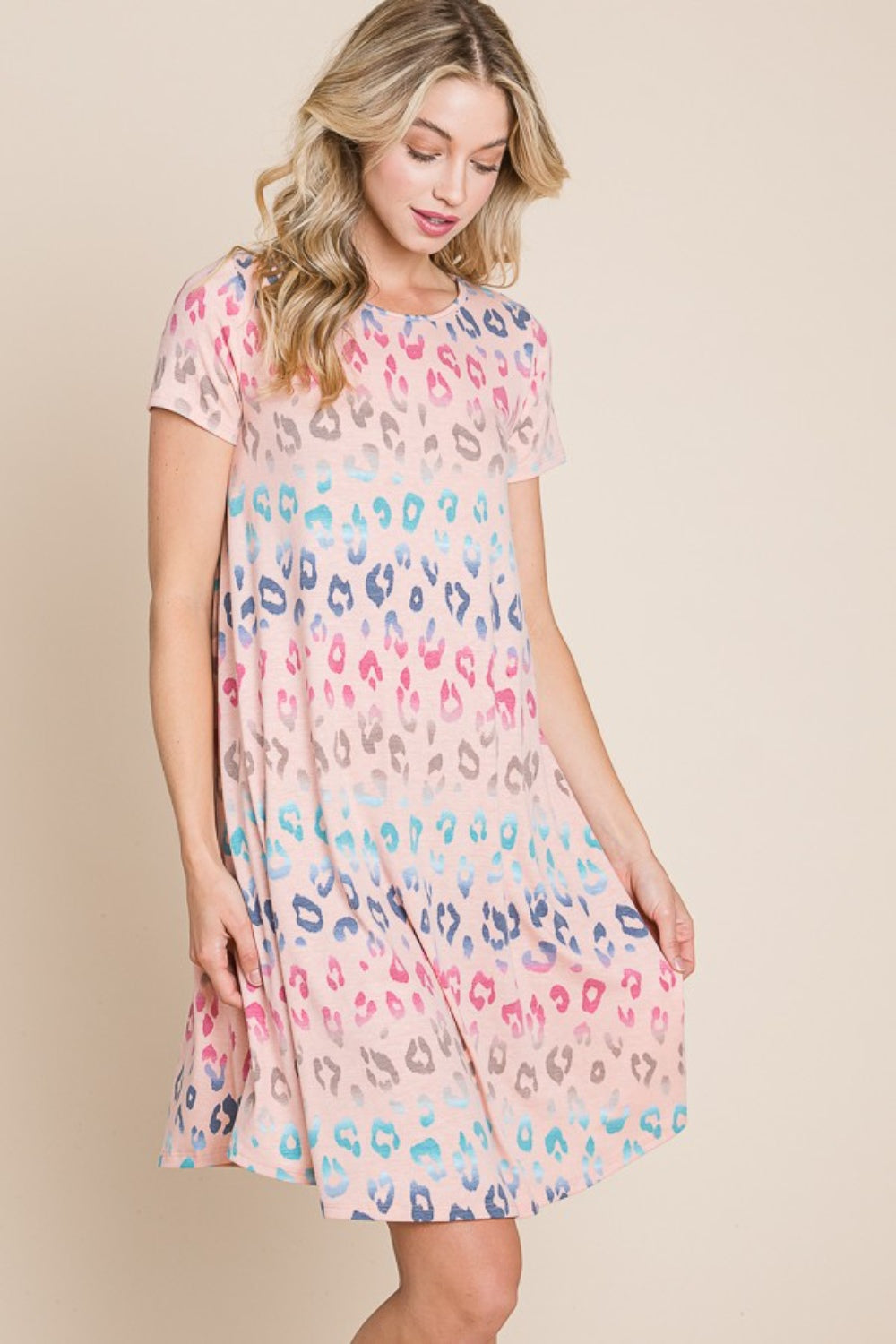 Blue Zone Planet | BOMBOM Leopard Round Neck Short Sleeve Dress BLUE ZONE PLANET