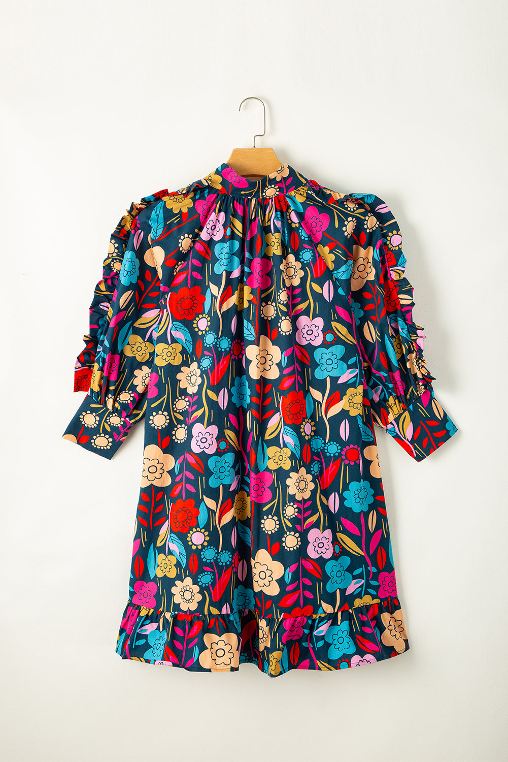 Blue Zone Planet | Green Floral Print Puff Sleeve Ruffled Mini Dress Blue Zone Planet