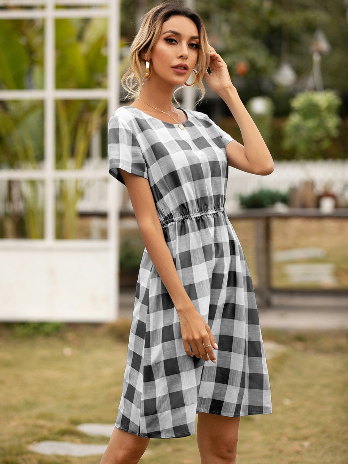 Blue Zone Planet | Smocked Plaid Round Neck Short Sleeve Dress BLUE ZONE PLANET