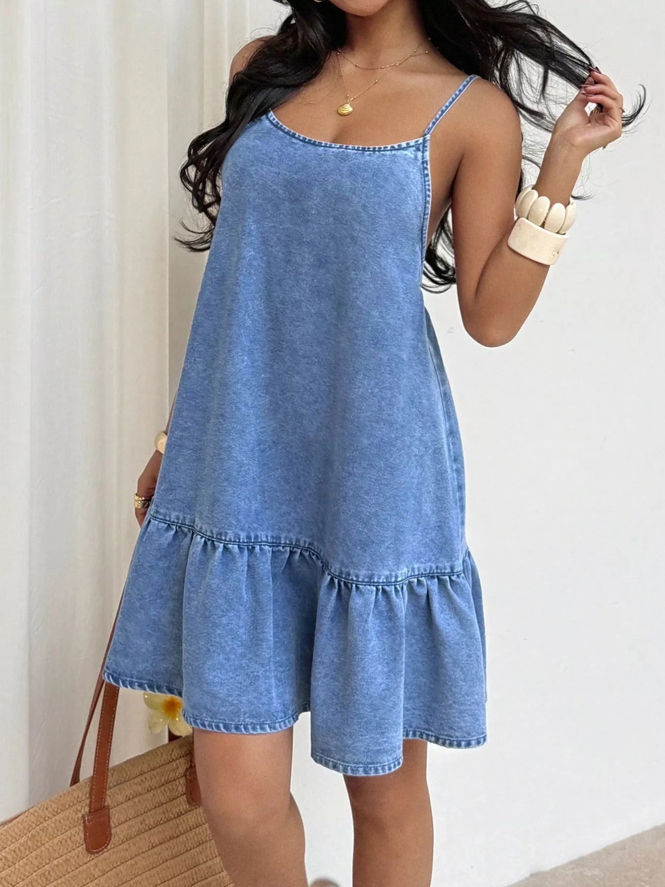 ruffle hem denim dress Casual Spaghetti Strap Style:With Slit breezy confidence business-attire Crochet Mermaid Dress –