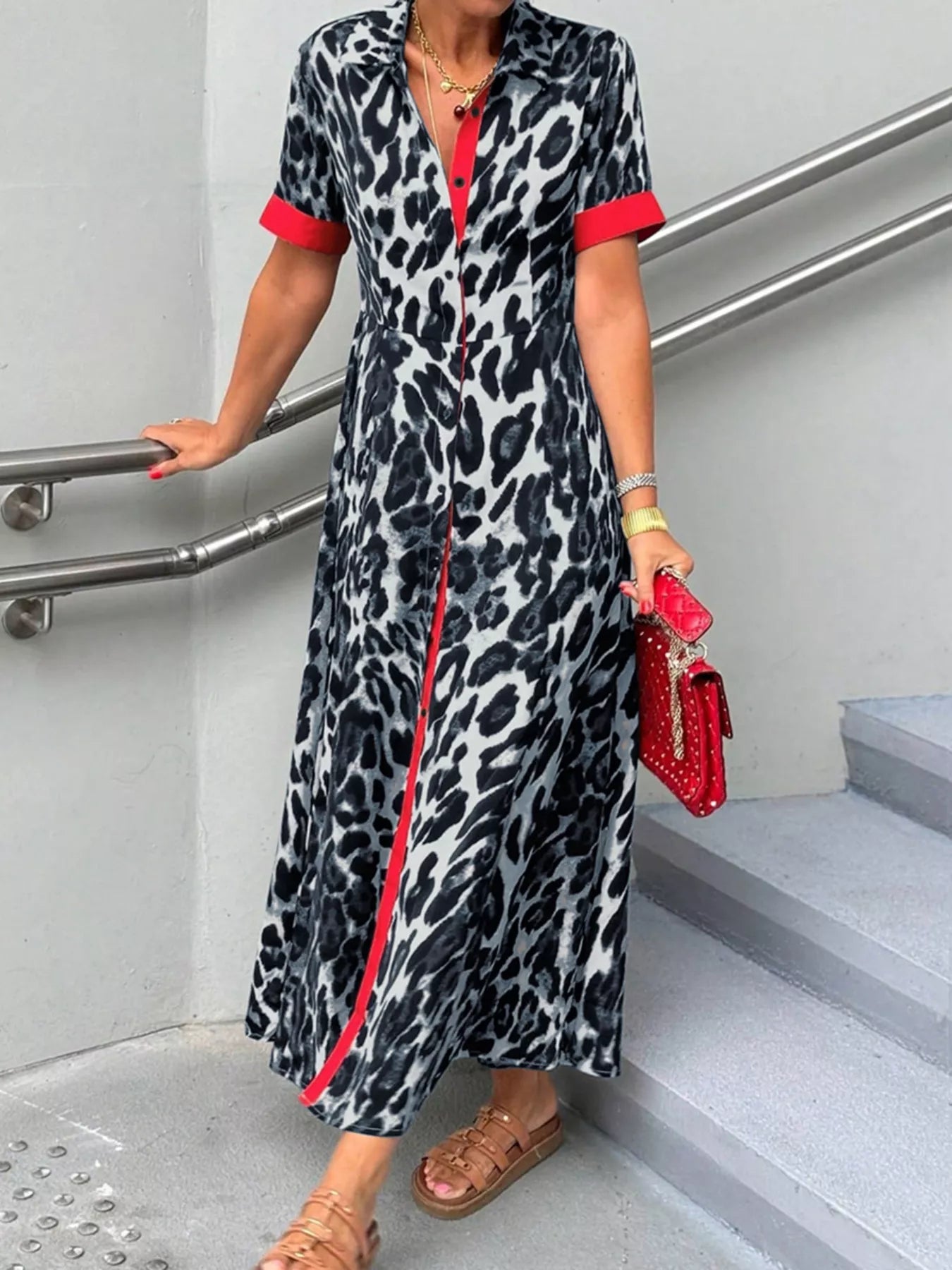 Leopard Print Button-Down Dress with Contrast Trim Royal Blue / L