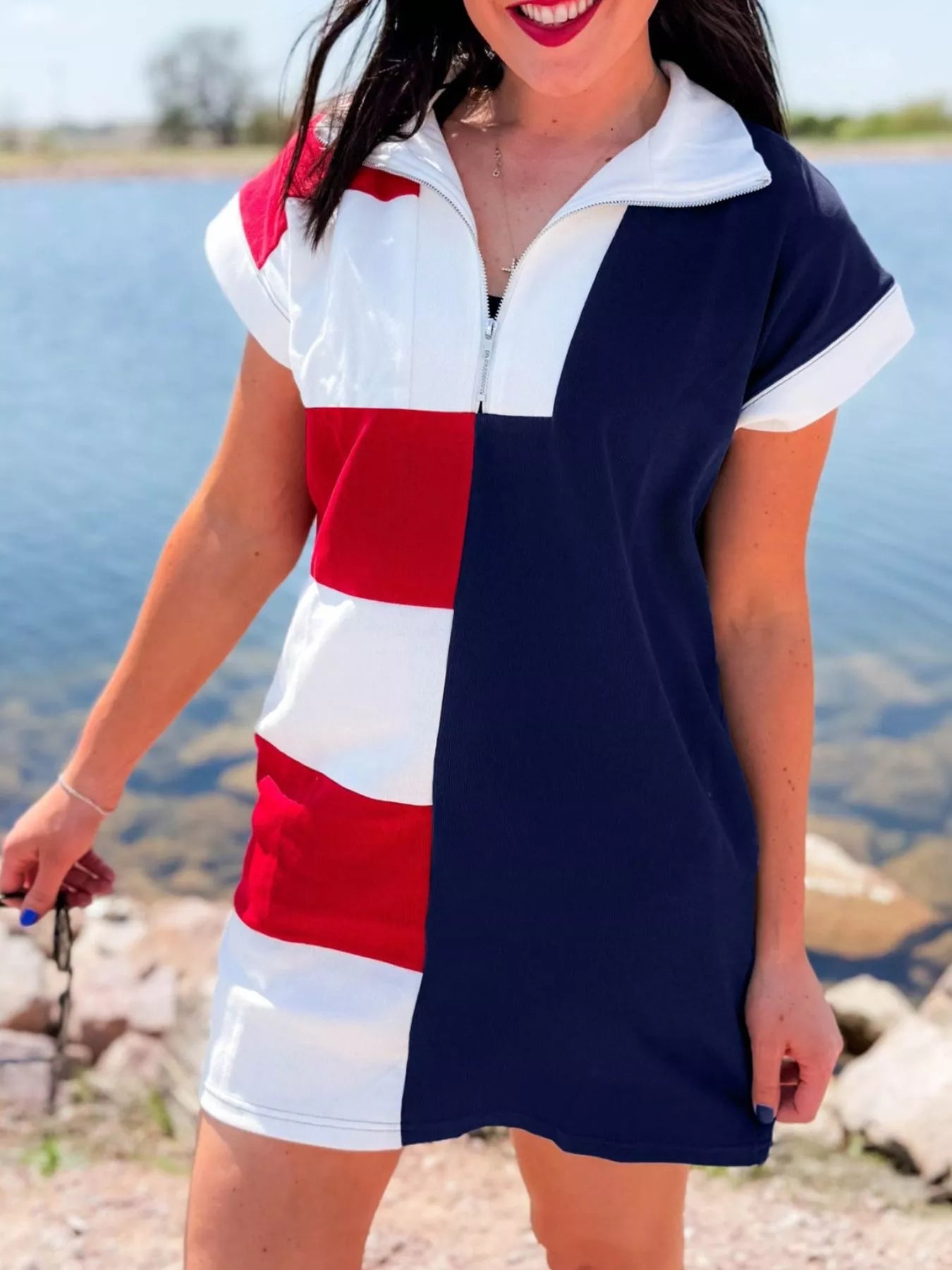 red white and blue mini dress Maggy London Women's Balloon-Sleeve Mini Dress - Cream/Blue