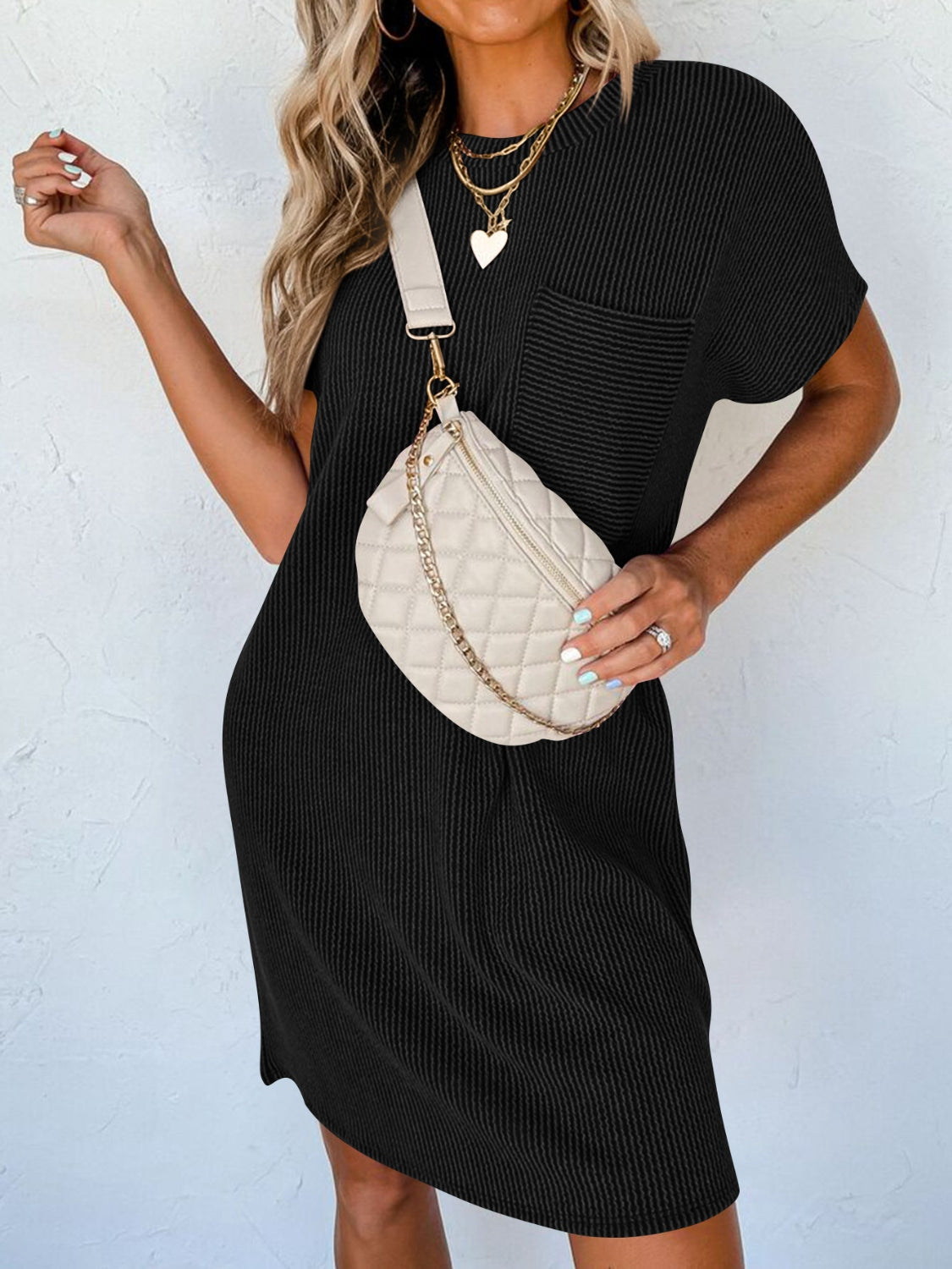 Round Neck Short Sleeve Mini Dress BLUE ZONE PLANET