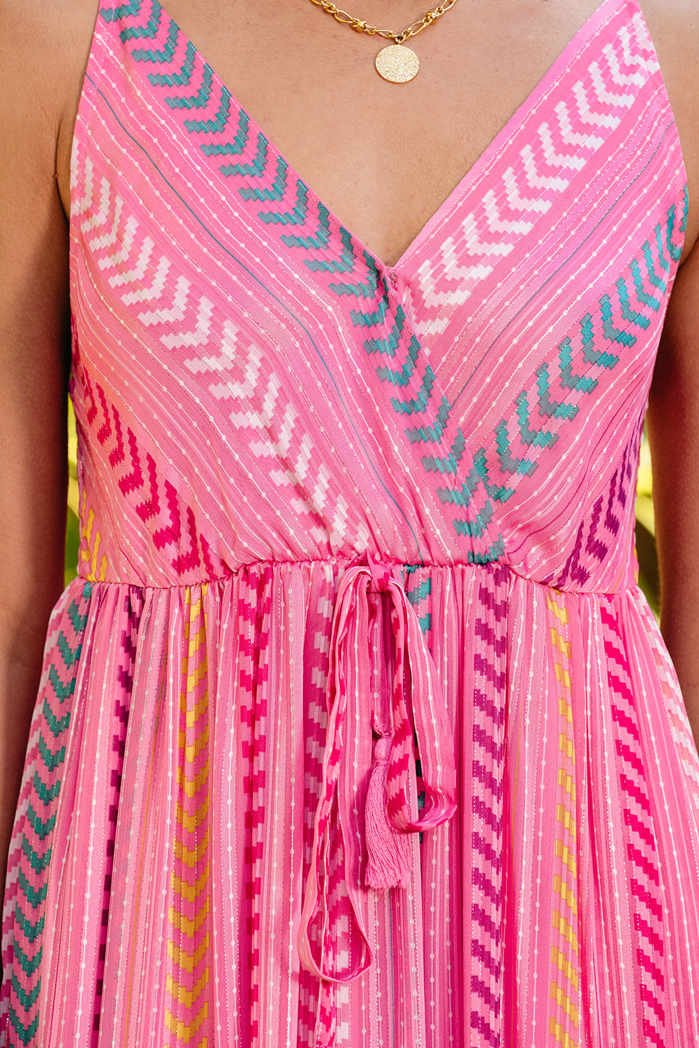 Blue Zone Planet | Pink Western Printed Tassel Tie V Neck Wrap Maxi Dress Blue Zone Planet