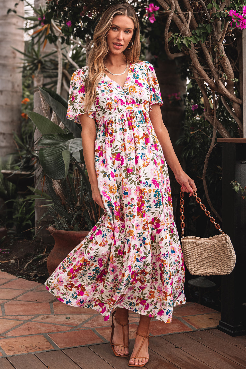 Red Floral Short Sleeve V Neck High Waist Maxi Dress Red / S / 80%Viscose+20%Polyamide